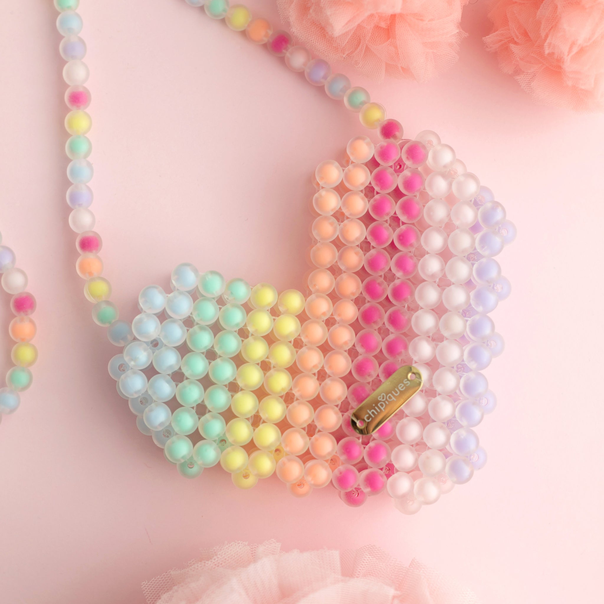 El örgüsü Kalp Motifli Pastel Boncuk Islemeli Omuz Çantası